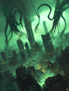 Emerald Tendrils Descending Over a Futuristic Cityscape in a Misty Green Glow BIOPUNK DIGITAL PAINTING 18 x 24 Inch MineeForm Wall Art Poster