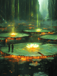 Two Figures Observing Glowing Lotus Platforms Amidst a Bioluminescent Wetland Enshrouded by Tall Darkened Trees and Cascading Ethereal Green Light Beams BIOPUNK DIGITAL PAINTING 18 x 24 Inch MineeForm Wall Art Poster