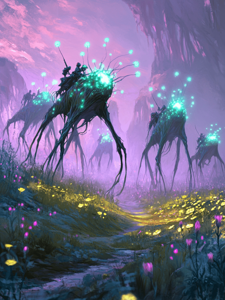 Mystical Riders on Bioluminescent Creatures Journeying Through a Vibrant Alien Landscape with Glowing Flora Under a Majestic Pink and Purple Sky BIOPUNK DIGITAL PAINTING 18 x 24 Inch MineeForm Wall Art Poster