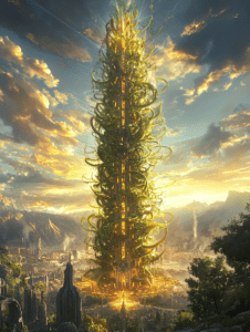 Towering Biopunk Skyscraper Encased in Organic Vines Illuminated by Sunset Sky in Futuristic Cityscape BIOPUNK DIGITAL PAINTING 18 x 24 Inch MineeForm Wall Art Poster