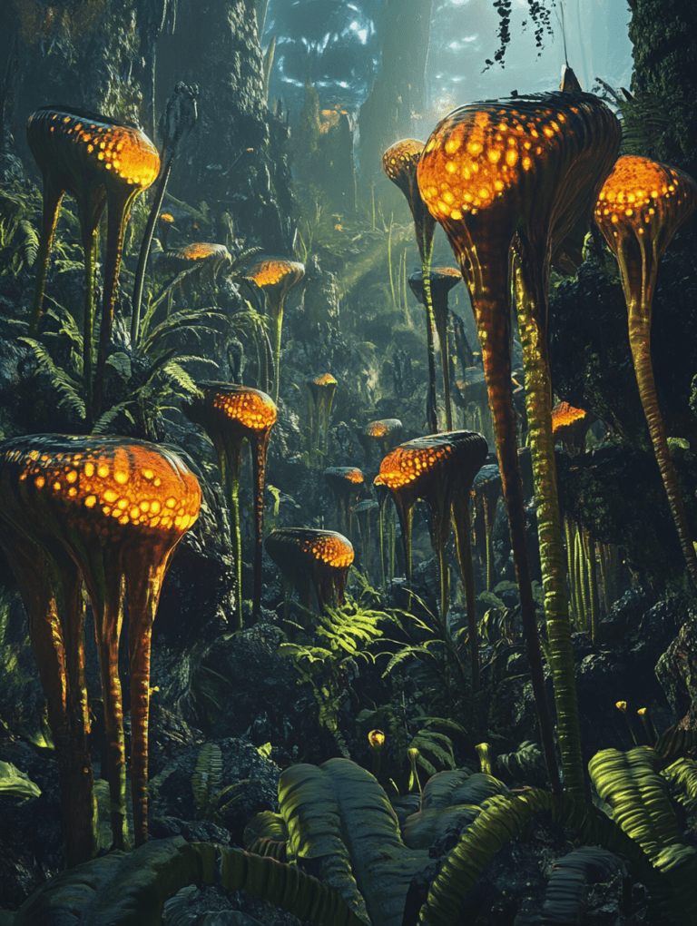 Vibrant Bioluminescent Flora Illuminating an Otherworldly Jungle Canopy with Exotic Vegetation and Glowing Fungi in an Enigmatic Lush Green Environment BIOPUNK DIGITAL PAINTING 18 x 24 Inch MineeForm Wall Art Poster