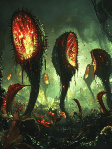 Luminous Carnivorous Flora with Glowing Core in Mysterious Alien Jungle at Twilight BIOPUNK DIGITAL PAINTING 18 x 24 Inch MineeForm Wall Art Poster