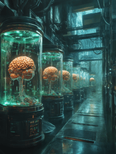 Row of Brain Capsules in Futuristic Laboratory with Neon Green Glow and Intricate Wiring Surrounded by Metallic Walls and Distant Light Filters Through Ceiling BIOPUNK DIGITAL PAINTING 18 x 24 Inch MineeForm Wall Art Poster