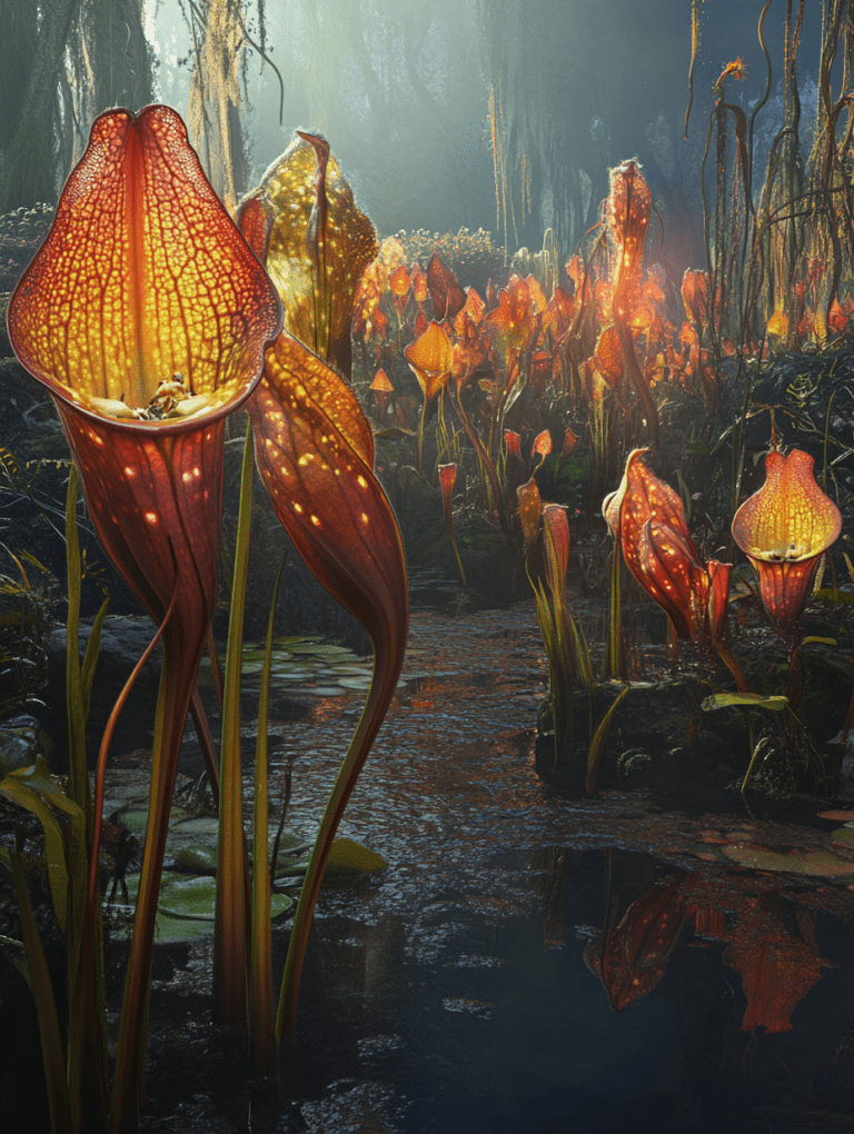 Bioluminescent Carnivorous Flora in a Mysterious Swamp with Glowing Scarlet Petals and Damp Earthy Terrain BIOPUNK DIGITAL PAINTING 18 x 24 Inch MineeForm Wall Art Poster