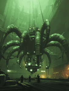 Colossal Luminescent Machinery Suspended in a Futuristic Industrial Chamber with Tentacle-Like Appendages and Enigmatic Figures in Shadows BIOPUNK DIGITAL PAINTING 18 x 24 Inch MineeForm Wall Art Poster