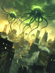 Looming Green Sky Entities Descend Over Smoggy Urban Skyscrapers Amidst Turbulent Cityscape BIOPUNK DIGITAL PAINTING 18 x 24 Inch MineeForm Wall Art Poster