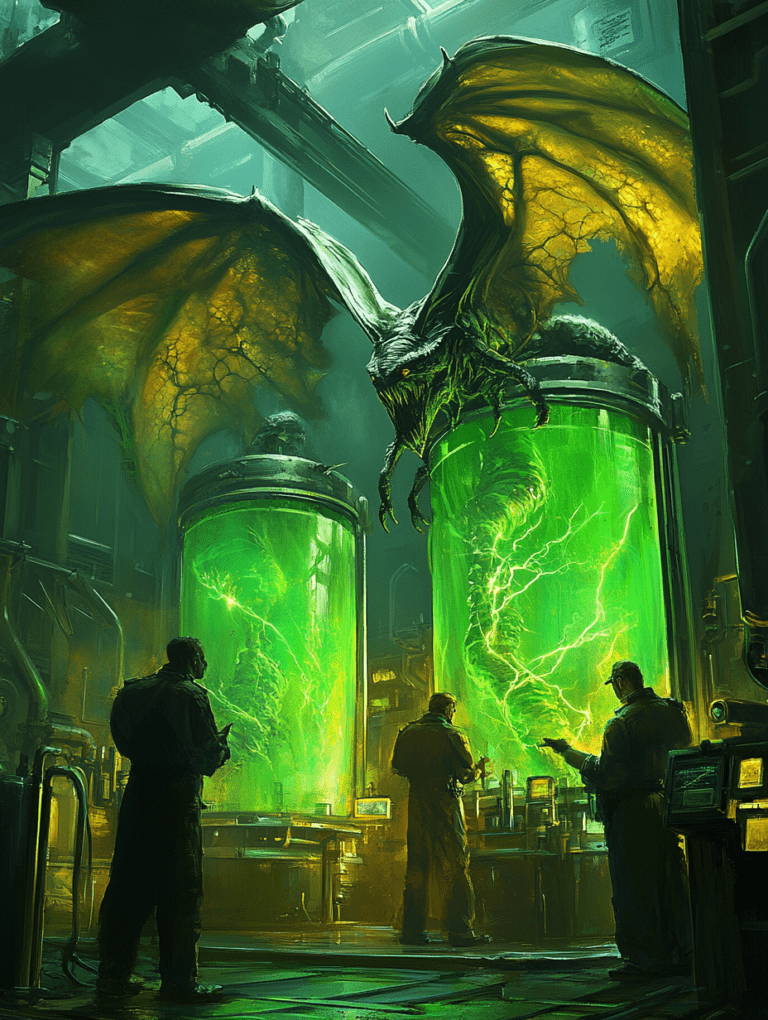 Enigmatic Laboratory with Glowing Emerald Canisters and a Menacing Winged Creature Overhead Amidst Scientists Analyzing Mysterious Data in High Tech Environment BIOPUNK DIGITAL PAINTING 18 x 24 Inch MineeForm Wall Art Poster