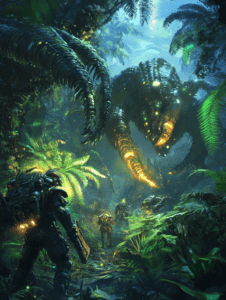 Intrepid Armored Explorers Confront Enormous Bioluminescent Creature in Lush Overgrown Jungle Setting BIOPUNK DIGITAL PAINTING 18 x 24 Inch MineeForm Wall Art Poster