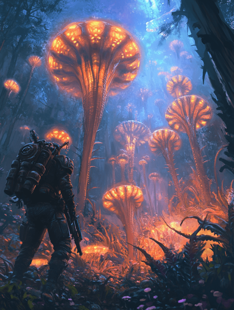 Adventurer in Futuristic Suit Exploring Enchanted Forest Illuminated by Gigantic Bioluminescent Mushrooms with Vibrant Orange and Purple Glow BIOPUNK DIGITAL PAINTING 18 x 24 Inch MineeForm Wall Art Poster