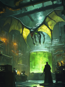 Biochemical Laboratory with Winged Creature Suspended Over a Large Glowing Green Chamber Surrounded by Dark Industrial Machinery and Shadowy Figures BIOPUNK DIGITAL PAINTING 18 x 24 Inch MineeForm Wall Art Poster