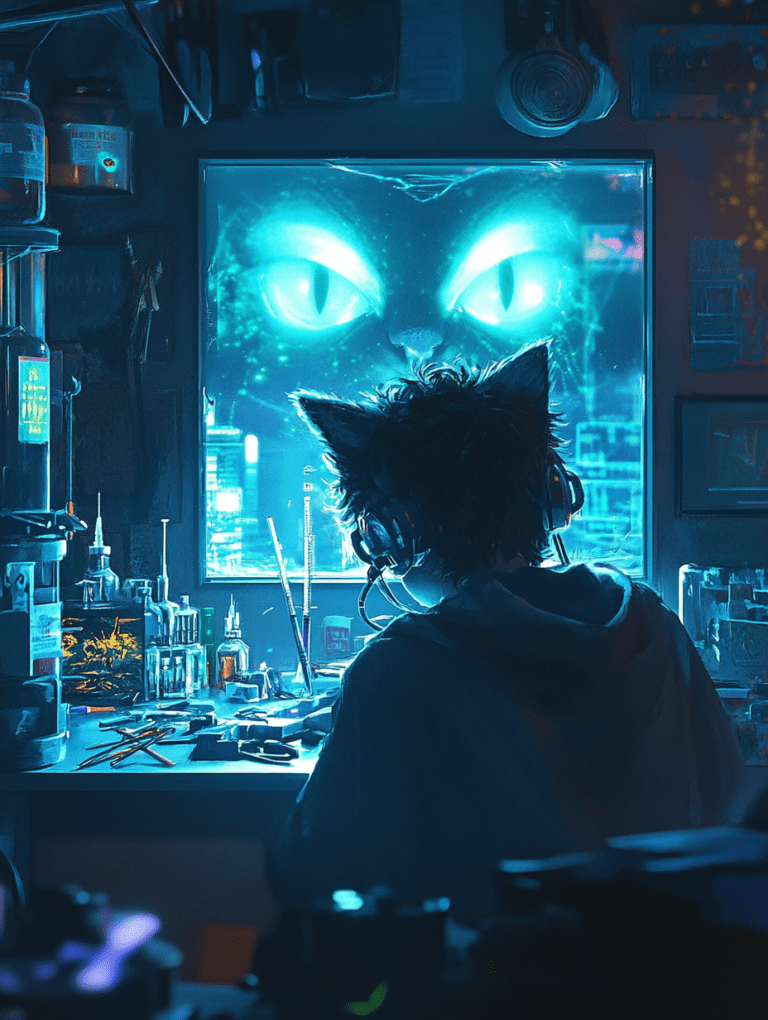 Mysterious Cybernetic Laboratory with Glowing Cat Eyes and Enigmatic Young Scientist Surrounded by Intricate Devices and Neon Light Reflections BIOPUNK DIGITAL PAINTING 18 x 24 Inch MineeForm Wall Art Poster