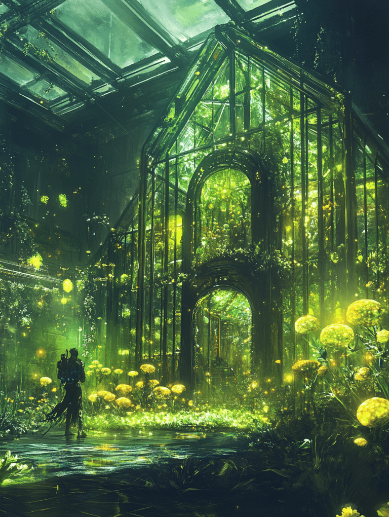 Luminous Botanical Sanctuary with Futuristic Wanderer Amidst Glowing Flora and Verdant Glass Architecture BIOPUNK DIGITAL PAINTING 18 x 24 Inch MineeForm Wall Art Poster