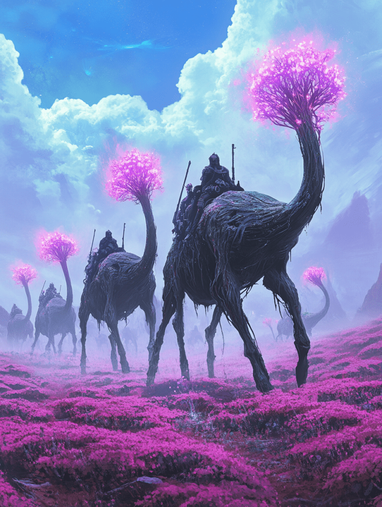 Riders Journey Across Vivid Pink Landscape on Majestic Bioluminescent Creatures Beneath Expansive Blue Skies and Billowing Clouds BIOPUNK DIGITAL PAINTING 18 x 24 Inch MineeForm Wall Art Poster