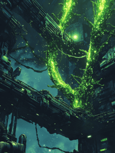 Luminous Green Bioluminescent Vines Intertwining through Futuristic Industrial Structures under an Overcast Sky BIOPUNK DIGITAL PAINTING 18 x 24 Inch MineeForm Wall Art Poster