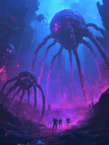 In a Neon Lit Abyss Towering Jellyfish Creatures Hover Over Explorers in Futuristic Suits Amidst a Surreal Urban Ruin with Mysterious Glowing Terrain and Luminous Blue Sky BIOPUNK DIGITAL PAINTING 18 x 24 Inch MineeForm Wall Art Poster