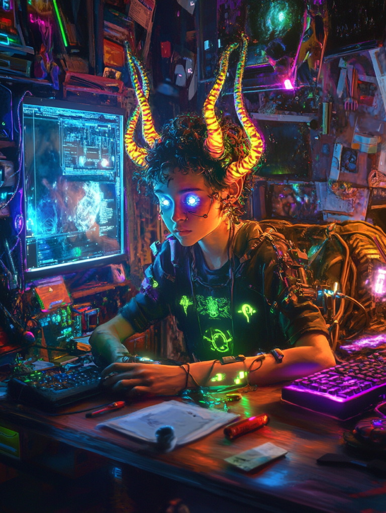 Illuminated Futuristic Hacker With Glowing Horns and Neon Eyes Surrounded by Cyberspace Technology in a Dimly Lit Cybernetic Lab BIOPUNK DIGITAL PAINTING 18 x 24 Inch MineeForm Wall Art Poster