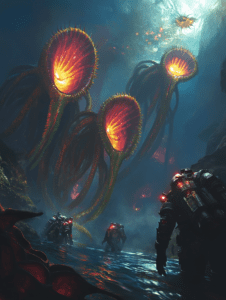 Deep Sea Exploration Amidst Bioluminescent Alien Flora and Adventurous Divers in High-Tech Suits BIOPUNK DIGITAL PAINTING 18 x 24 Inch MineeForm Wall Art Poster