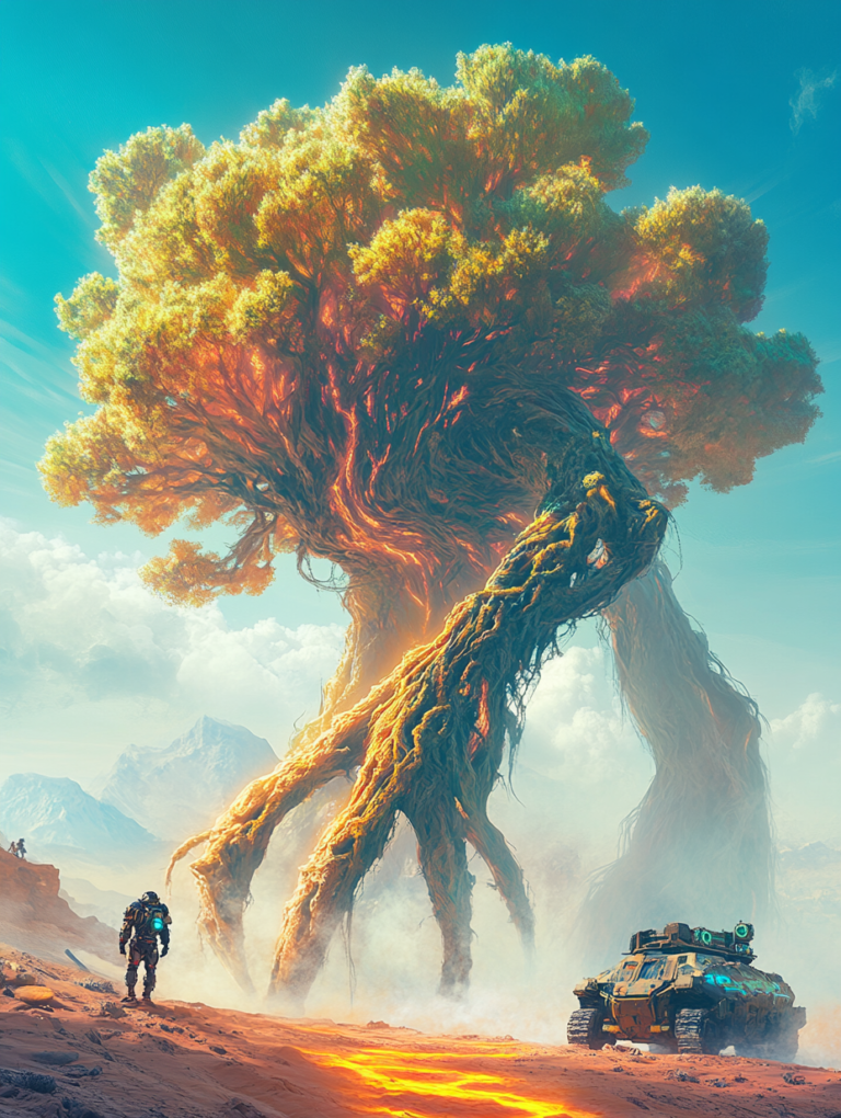 Towering Bioluminescent Tree with Twisting Roots Dominating a Vast Mountainous Landscape as a Lone Traveler and Armored Vehicle Stand Nearby BIOPUNK DIGITAL PAINTING 18 x 24 Inch MineeForm Wall Art Poster