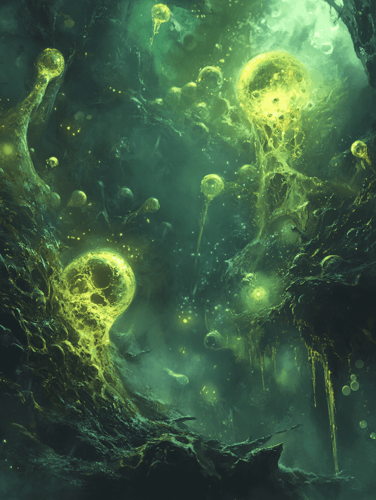 Glowing Eerie Green Bioluminescent Webs and Bubbles in an Alien Cavernous Abyss BIOPUNK DIGITAL PAINTING 18 x 24 Inch MineeForm Wall Art Poster