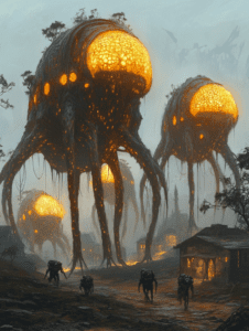 Towering Bioluminescent Jellyfish Creatures Hovering Over a Misty Village as Humanoid Figures Trek Along a Rugged Path BIOPUNK DIGITAL PAINTING 18 x 24 Inch MineeForm Wall Art Poster