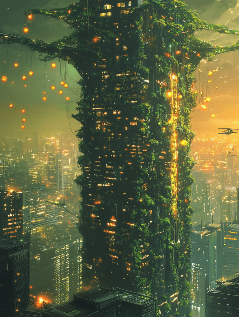 Lush Vertical Cityscape Illuminated with Bioluminescent Orbs and Suspended Gardens Overlooking a Neon Lit Metropolis BIOPUNK DIGITAL PAINTING 18 x 24 Inch MineeForm Wall Art Poster