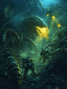 Battle in the Luminous Jungle with Armored Soldiers Confronting Giant Biomechanical Serpents Amongst Glowing Vegetation BIOPUNK DIGITAL PAINTING 18 x 24 Inch MineeForm Wall Art Poster