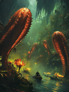 Adventurers Navigate a Lush Alien Jungle River Under Towering Bioluminescent Carnivorous Plants with Vibrant Glowing Flowers and Mysterious Misty Atmosphere BIOPUNK DIGITAL PAINTING 18 x 24 Inch MineeForm Wall Art Poster