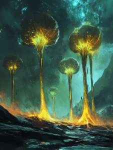 Towering Luminescent Fungi Erupting from Volcanic Landscape Amidst Emerald Skies BIOPUNK DIGITAL PAINTING 18 x 24 Inch MineeForm Wall Art Poster