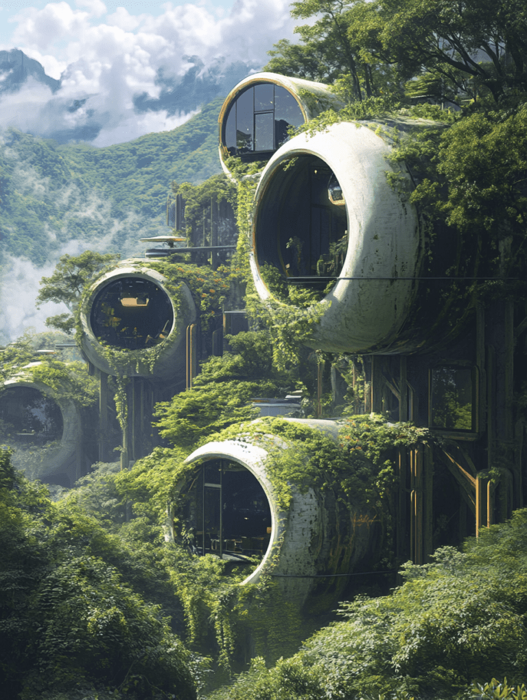 Futuristic Circular Eco-Structures with Lush Greenery and Moss Nestled Among Towering Trees in a Misty Mountain Landscape BIOPUNK DIGITAL PAINTING 18 x 24 Inch MineeForm Wall Art Poster