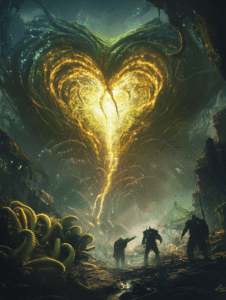 Illuminated Biomechanical Heart Amidst Ancient Jungle with Adventurers Exploring Mysterious Glowing Vines and Twisting Energies BIOPUNK DIGITAL PAINTING 18 x 24 Inch MineeForm Wall Art Poster