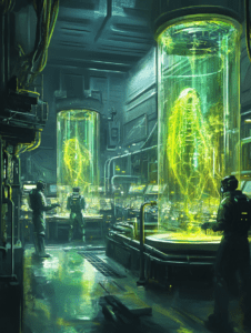 Scientists in High-Tech Laboratory Monitoring Glowing Creatures Suspended in Cylindrical Tanks with Futuristic Equipment and Neon Green Illumination BIOPUNK DIGITAL PAINTING 18 x 24 Inch MineeForm Wall Art Poster