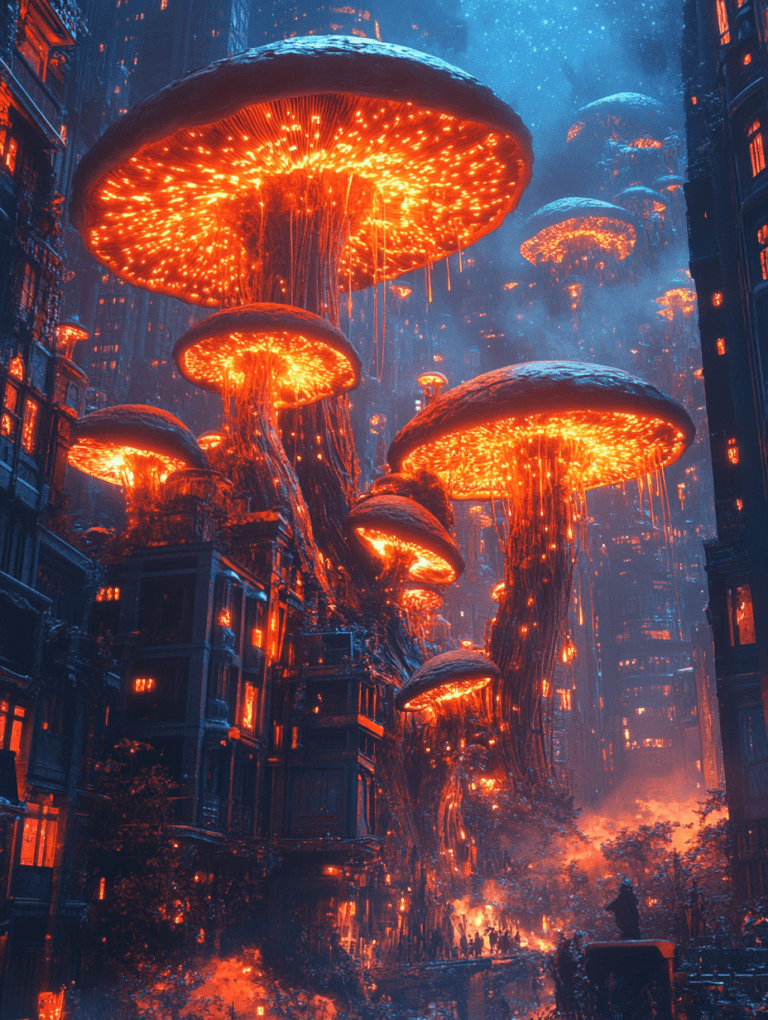 Shimmering Bioluminescent Mushrooms Towering Over a Futuristic Cityscape Illumined by Vibrant Neon Glows and Bathed in Enigmatic Blue Light BIOPUNK DIGITAL PAINTING 18 x 24 Inch MineeForm Wall Art Poster