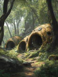 Modern Forest Dwellings Blending with Nature Featuring Moss Covered Pod Structures in a Lush Green Woodland Path Surrounded by Sunlit Trees and Rocky Terrain BIOPUNK DIGITAL PAINTING 18 x 24 Inch MineeForm Wall Art Poster