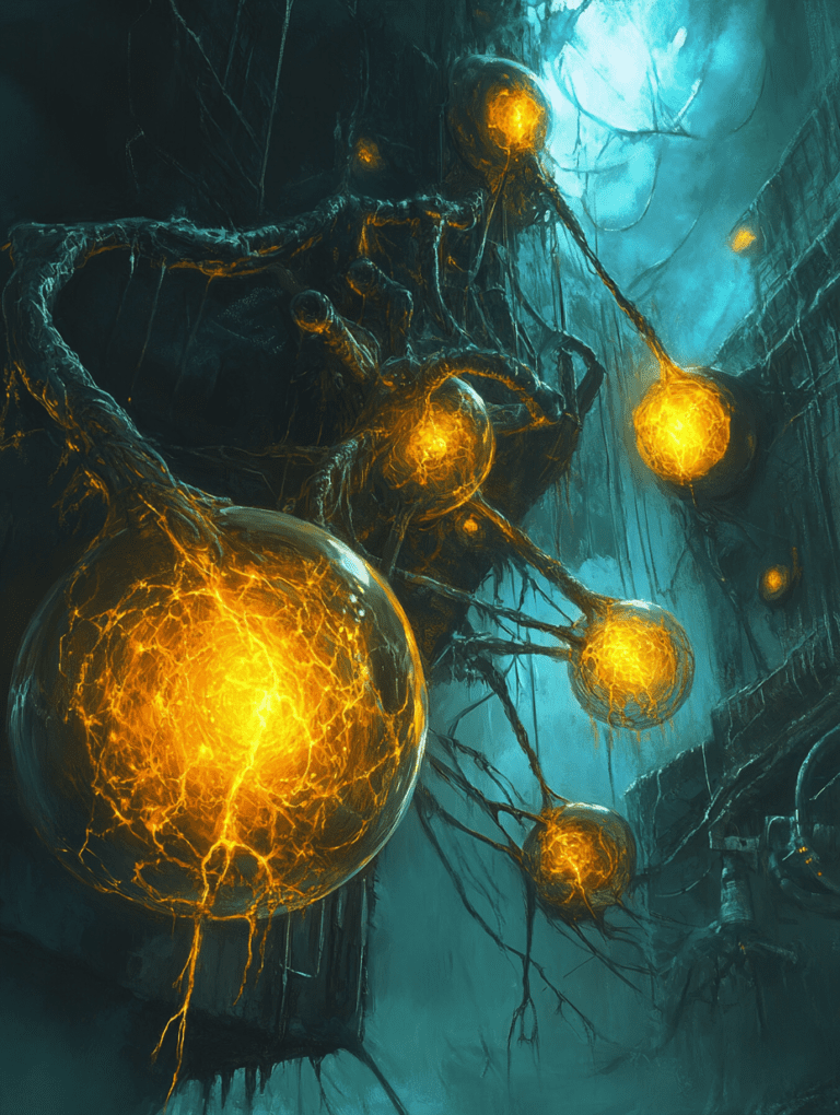 Glowing Spheres of Electric Energy Suspended in a Dark Urban Alley with Twisting Tendrils and Mysterious Biomechanical Structures BIOPUNK DIGITAL PAINTING 18 x 24 Inch MineeForm Wall Art Poster