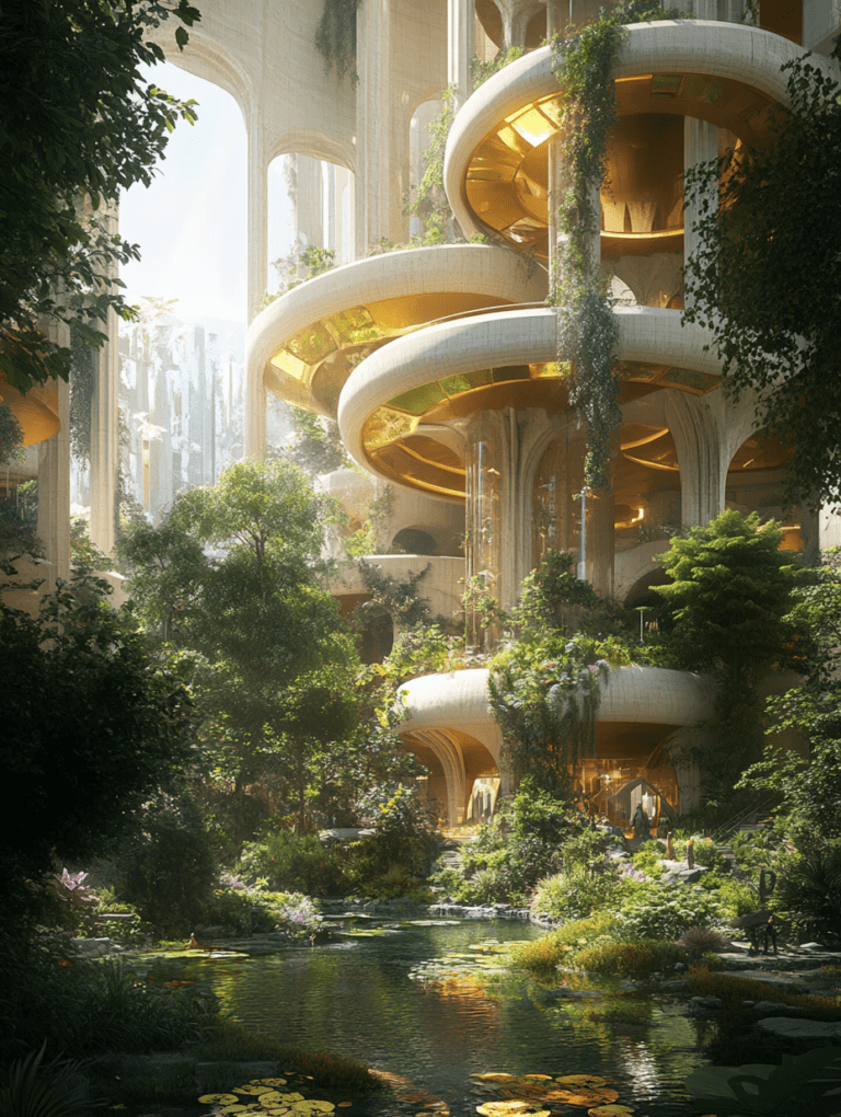 Lush Vertical Gardens and Golden Domes in a Futuristic Urban Oasis with Cascading Pools and Sunlit Reflections BIOPUNK DIGITAL PAINTING 18 x 24 Inch MineeForm Wall Art Poster