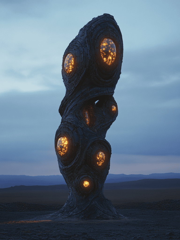 Towering Alien Structure with Glowing Orange Spheres in a Desolate Mountainous Landscape at Dusk BIOPUNK DIGITAL PAINTING 18 x 24 Inch MineeForm Wall Art Poster