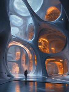 Epic Biopunk Cityscape Showcasing Organic Architecture with Majestic Curved Structures Illuminated by Ethereal Blue and Warm Orange Glows Highlighting Human Figures Within Futuristic Environments BIOPUNK DIGITAL PAINTING 18 x 24 Inch MineeForm Wall Art Poster