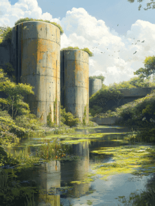 Towering Concrete Silos Amidst Lush Overgrowth Reflecting in a Serene Waterway Under a Cloud Dappled Sky BIOPUNK DIGITAL PAINTING 18 x 24 Inch MineeForm Wall Art Poster