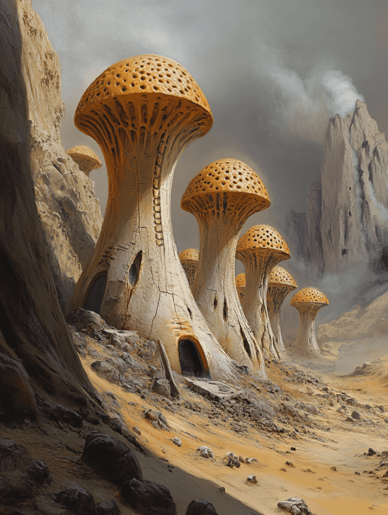 Mushroom Shaped Mountain Dwellings with Perforated Caps in a Rocky Desert Landscape Under a Smoky Sky BIOPUNK DIGITAL PAINTING 18 x 24 Inch MineeForm Wall Art Poster