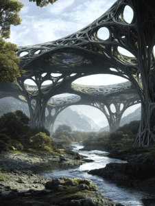 Futuristic Symbiotic Architecture with Organic Bridges Spanning a Serene River and Lush Forested Landscape Under a Clear Blue Sky BIOPUNK DIGITAL PAINTING 18 x 24 Inch MineeForm Wall Art Poster