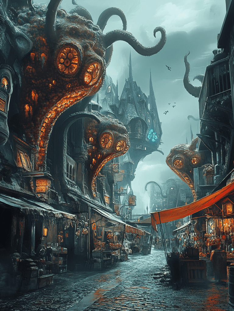 Mysterious Street Scene with Majestic Organic Structures and Tentacled Architecture Looming Over a Bustling Market in a Misty Atmosphere BIOPUNK DIGITAL PAINTING 18 x 24 Inch MineeForm Wall Art Poster