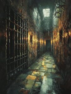 Gloomy Corridor with Faded Tiles and Twisted Tree Roots Illuminated by Flickering Torches and Weathered Prison Bars BIOPUNK DIGITAL PAINTING 18 x 24 Inch MineeForm Wall Art Poster