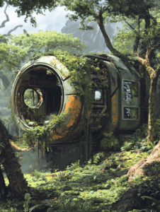 Overgrown Futuristic Capsule Amidst Lush Forest Vegetation and Towering Trees in a Mountainous Landscape BIOPUNK DIGITAL PAINTING 18 x 24 Inch MineeForm Wall Art Poster