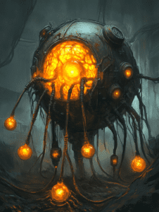 Glowing Orb of Biomechanical Wires in a Dark Industrial Setting with Radiant Orange Energy and Suspended Luminous Spheres BIOPUNK DIGITAL PAINTING 18 x 24 Inch MineeForm Wall Art Poster