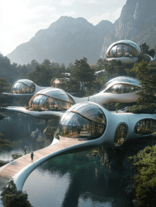 Futuristic Dome Residences Suspended Amongst Lush Mountainous Landscape with Serene Lakes and Interconnecting Pathways BIOPUNK DIGITAL PAINTING 18 x 24 Inch MineeForm Wall Art Poster