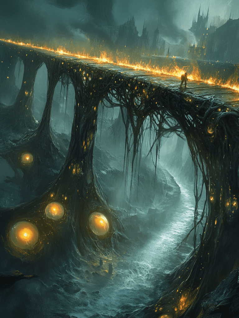 Solitary Figure on a Fiery Bridge Over a Luminous River in a Gloomy Biopunk Metropolis with Towering Organic Structures and Glowing Pods BIOPUNK DIGITAL PAINTING 18 x 24 Inch MineeForm Wall Art Poster