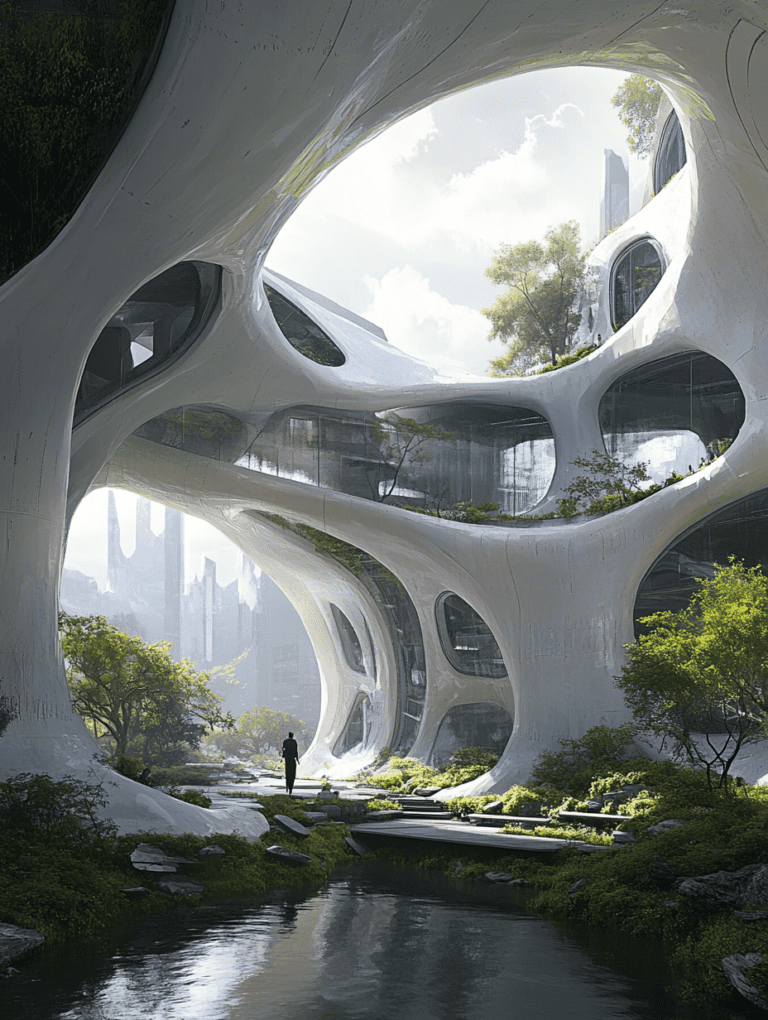 Futuristic Urban Oasis with Organic Architecture and Lush Greenery Reflecting in Tranquil Waters BIOPUNK DIGITAL PAINTING 18 x 24 Inch MineeForm Wall Art Poster