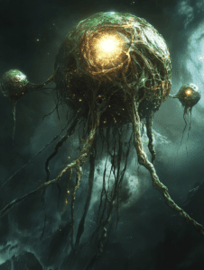 Glowing Bioluminescent Entity with Intricate Tendrils Floating Mysteriously in Dark Eerie Atmosphere BIOPUNK DIGITAL PAINTING 18 x 24 Inch MineeForm Wall Art Poster