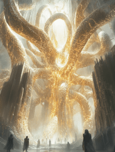 Glowing Organic Monoliths and Mysterious Figures in a Surreal Golden Cathedral with Organic Tentacles Stretching Towards an Ethereal Light BIOPUNK DIGITAL PAINTING 18 x 24 Inch MineeForm Wall Art Poster