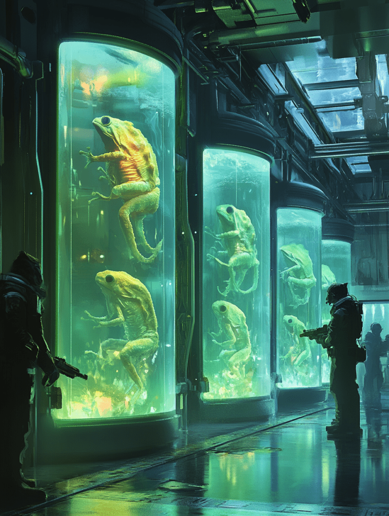 Neon Lit Laboratory with Giant Amphibian Creatures Suspended in Vertical Glass Tanks Surrounded by Shadowy Figures in Futuristic Attire Against a Backdrop of Metallic Machinery and Glowing Greens BIOPUNK DIGITAL PAINTING 18 x 24 Inch MineeForm Wall Art Poster